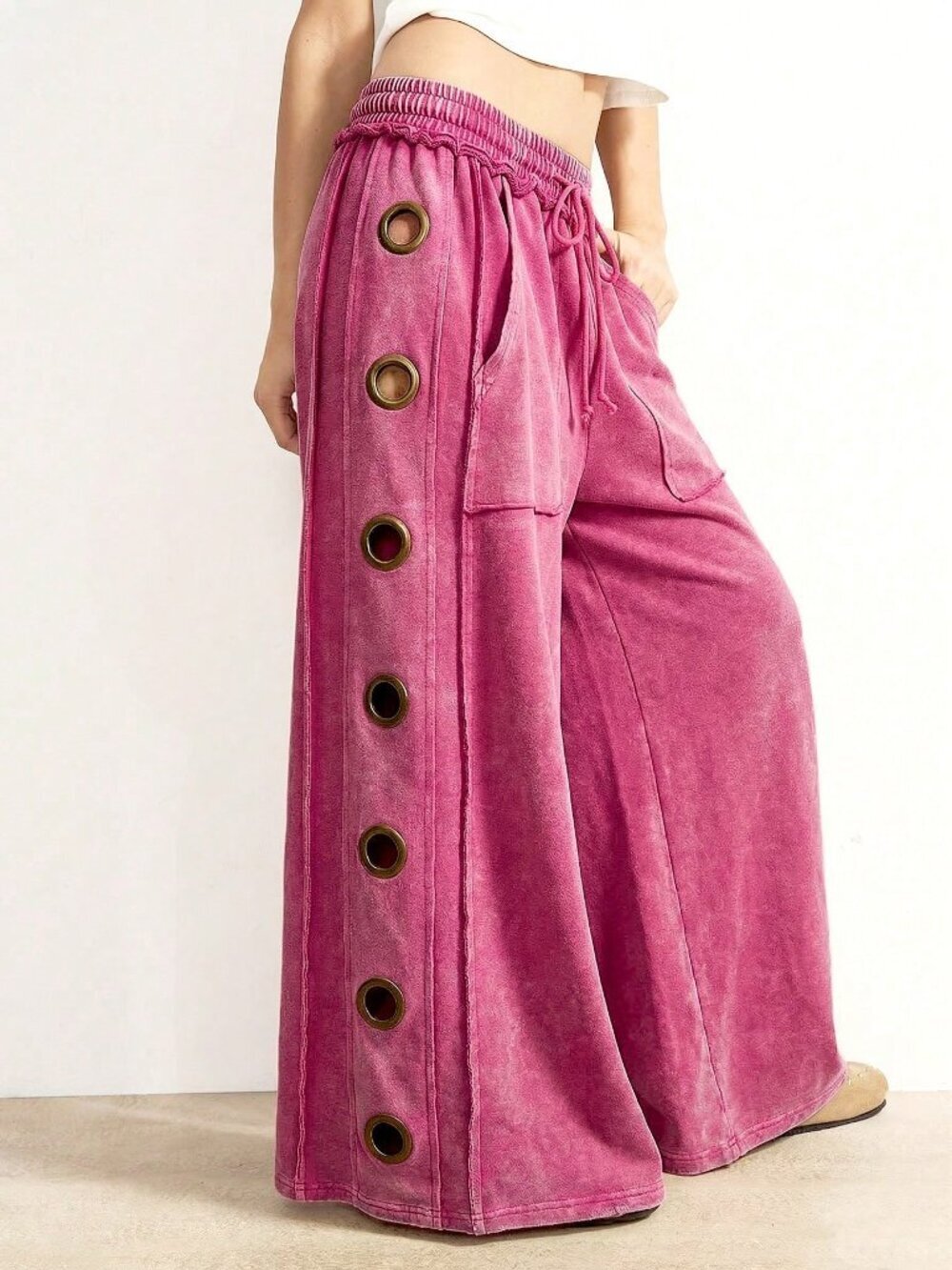 Hot Pink Casual Women's Knit Wide Leg Sweatpants - Picture 6 of 8
